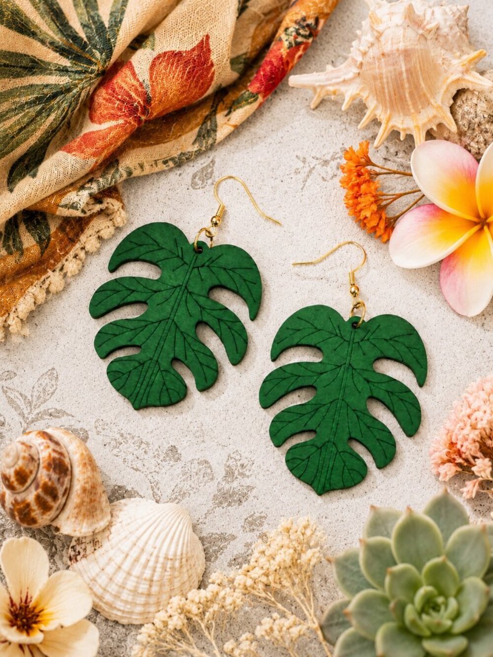 Tropical Monstera Palm Leaf Earrings Green Wooden Dangle Summer Vacation Jewelry - Picture 3 of 3